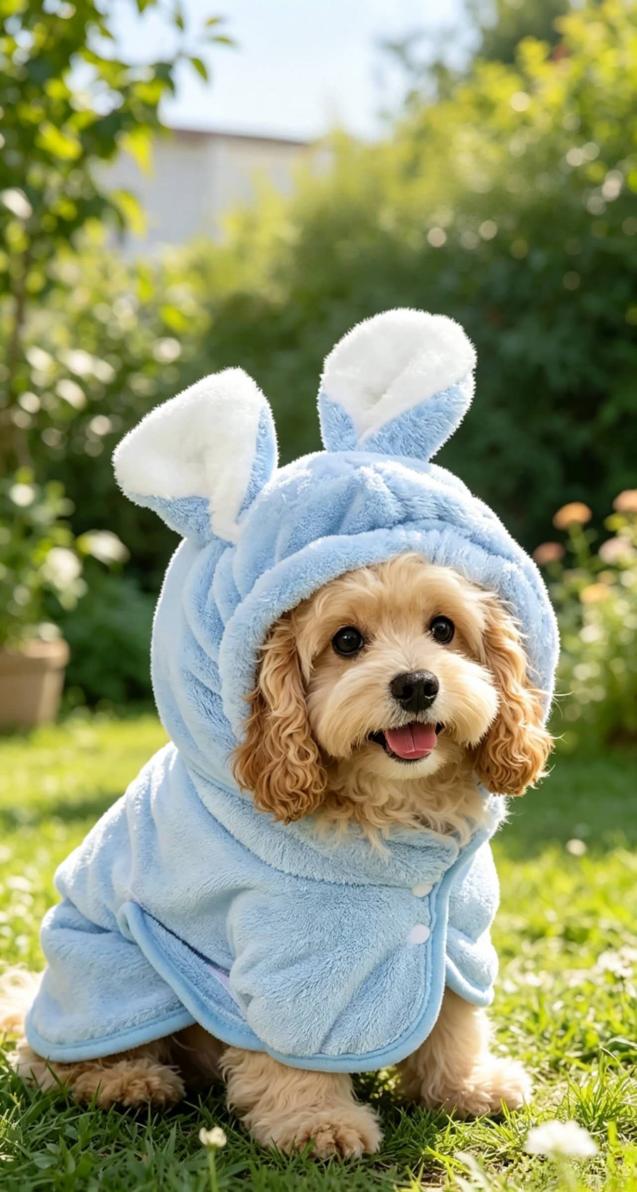 Hund trägt COCOLEMON Bademantel mit Hasenohren in hellblau